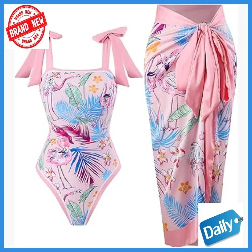 Floral Print One Piece Swimsuit with Cover Up Skirt Set, Slim Fit, Polyester